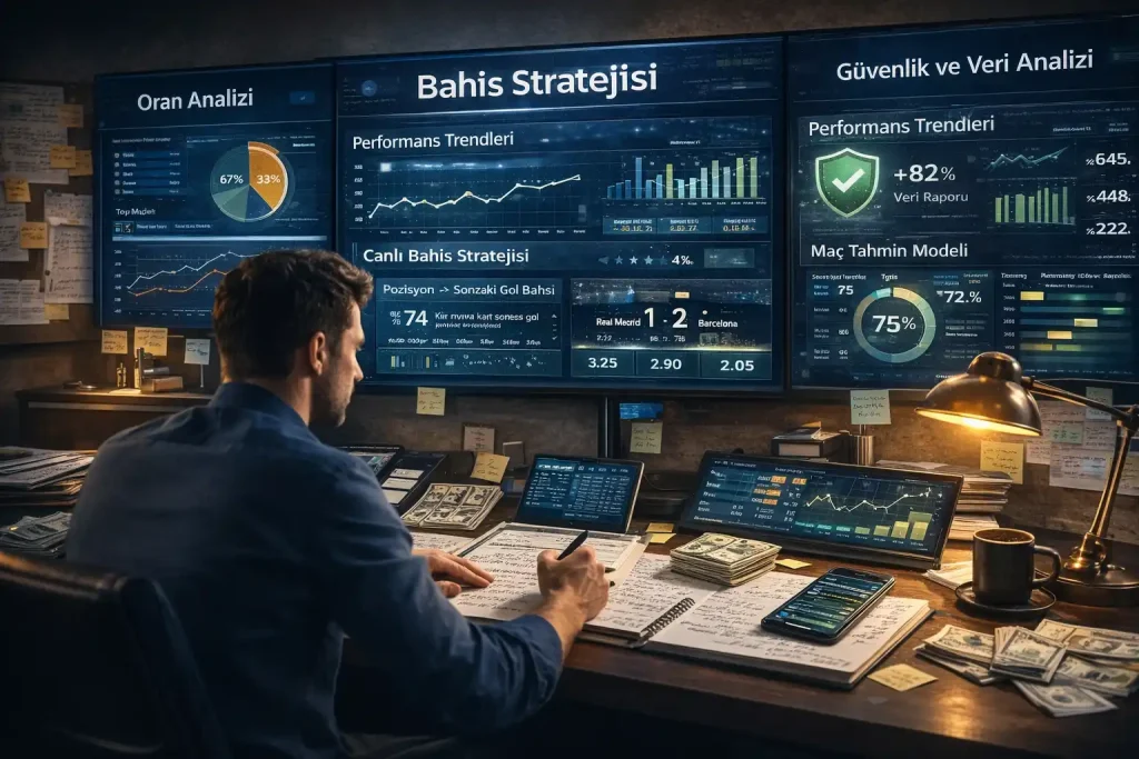 Online bahislerde başarı için strateji geliştirme, oran analizi, veri odaklı tahminler ve güvenlik kriterlerini gösteren çok ekranlı profesyonel analiz ortamı