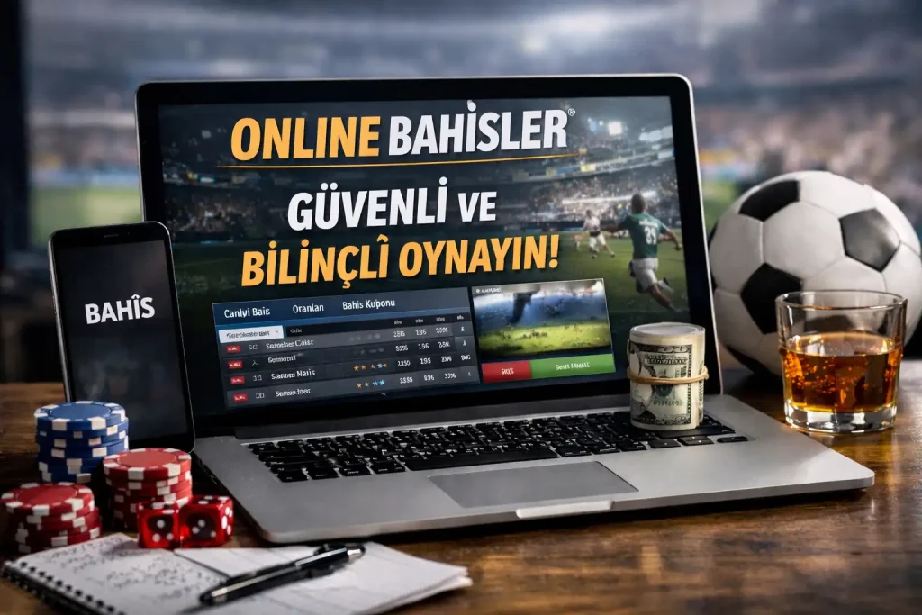 Online bahislerde güvenilirlik ve bilinçli kazanma stratejilerini simgeleyen, dizüstü bilgisayarda canlı bahis ekranı bulunan modern spor bahis ortamı