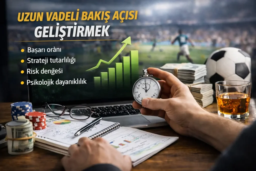 Online bahislerde uzun vadeli bakış açısı ve strateji disiplinini anlatan, grafikler ve analiz notlarıyla planlı değerlendirme sürecini gösteren sahne